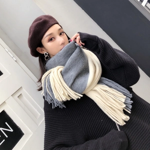Winter color-block knit scarf with long tassels, soft grey and beige oversized shawl wrap