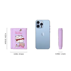 Cute lavender cartoon cat tri-fold PU leather wallet for women with zipper pocket