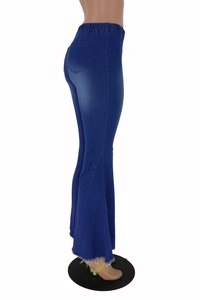 Detail of high waisted dark blue denim flare pants with elastic waist and raw hem