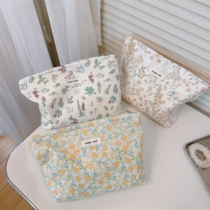 Detailed view of floral canvas makeup bags with zippers and simple wish labels