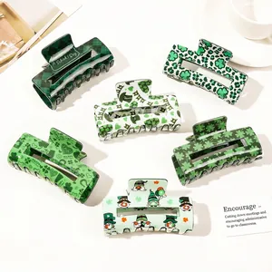 St Patricks Day Hair Claw Clips Green Shamrock Clover Checkerboard Acrylic Non Slip Hair Catch Shark Barrettes For Women