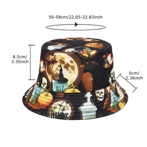 Halloween cartoon bucket hat with skull print and dimensions for outdoor sun protection