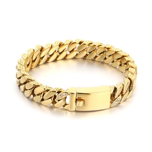 Bracelet gourmette cubaine en acier doré avec diamants et fermoir à cliquet