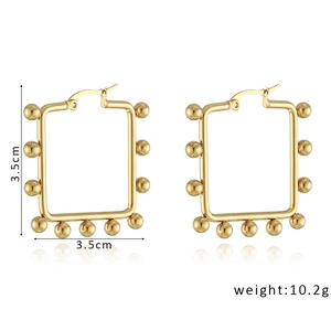 Detail view of gold square hoop earrings with ball accents and 3.5cm dimension markings