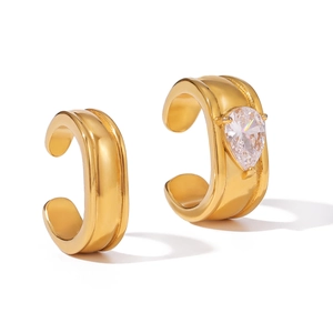 Classic 18K gold-plated stainless steel ear cuffs with a teardrop-shaped zircon stone