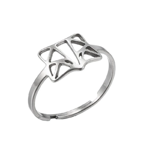 Macro detail of adjustable silver hollow fox ring with geometric metal design and open band