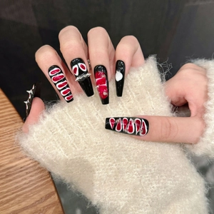 Gothic long coffin press-on nails with red black pattern and metallic silver studs