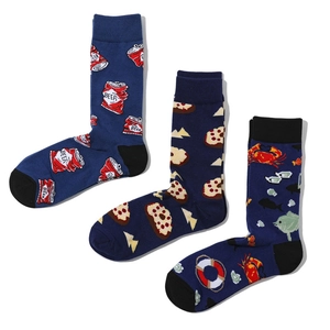 Three-pack cotton crew socks featuring pizza, beer, and marine life cartoon patterns