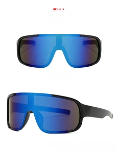 Detail view of sand black cycling sunglasses with blue mirror lens in front and side view
