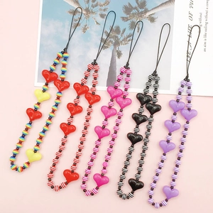 Colorful acrylic heart beaded phone straps with striped resin charms in five vibrant styles