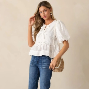 Sweet white puff sleeve blouse with 3D floral texture and cute bow ties for women