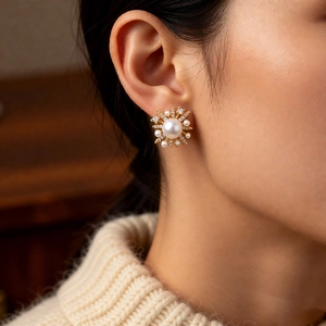 Detailed close-up of 18k gold plated floral pearl stud earring worn on model's ear