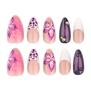 3D floral press-on nails with pink leopard print and French white tips 10pcs set