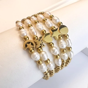 Elegant stainless steel gold bead and pearl bracelet set with heart and moon charms