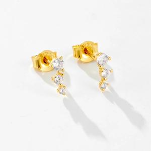 Elegant S925 sterling silver gold plated earrings with three cubic zirconia stones