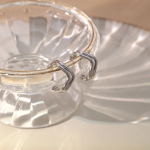 Minimalist double layered U-shaped silver geometric earrings on a glass bowl