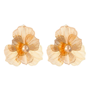Elegant 3D hollow flower stud earrings in gold-plated metal with center bead detail