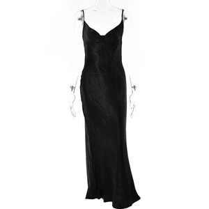 Elegant black satin maxi dress with spaghetti straps and open back for evening events