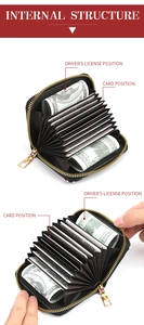 Macro view of floral accordion card holder showing internal card slots and golden zipper