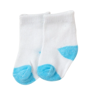 Close-up of white and blue knitted doll socks for 18-inch girl dolls, soft fabric detail