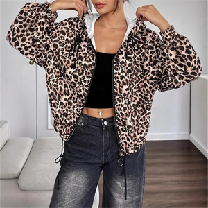 Close-up of leopard print hoodie jacket featuring zipper closure and adjustable drawstring