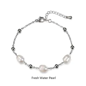 Detail view of freshwater pearl bracelet with silver-tone chain and lobster clasp