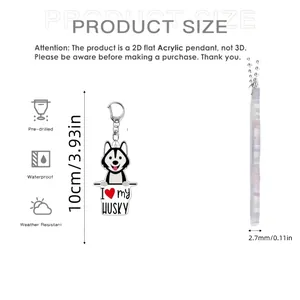 Acrylic 2D Husky keychain with 'I Heart my Husky' text, 10cm height and waterproof design
