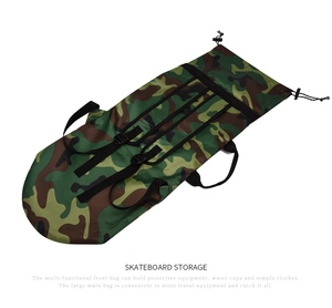 Detail of camouflage skateboard bag showing durable fabric and adjustable drawstrings