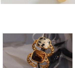 Détail de bagues chaînes dorées avec pierres carrées en jaspe dalmatien et œil de tigre