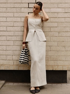 Women Linen Blend Spaghetti Strap Button Down Vest And Back Slit Midi Skirt Summer Casual Elegant Minimalist Beige