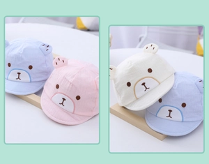 Detail of embroidered bear face and 3D ears on a breathable newborn baby sun hat
