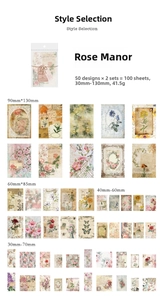 Detailed catalog of Rose Manor vintage stickers showing botanical patterns and dimensions