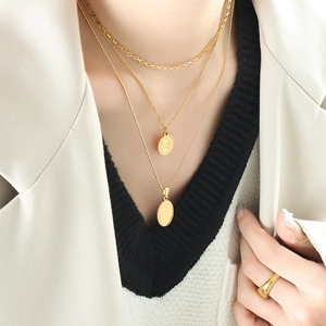 Three-layer gold titanium steel necklace set with coin and oval pendants for women