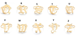 Collection of gold Gothic alphabet open rings from Q to Z in vintage luxury style
