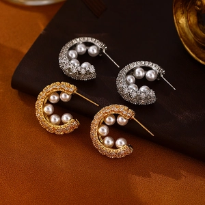 French Vintage C-Shape Earrings With Imitation Artificial Pearl Zircon Alloy And Silver Earring Post Luxury Jewelry For Women