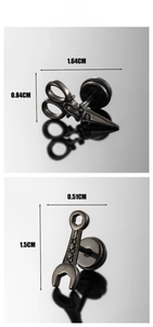 Detail view of black scissor and wrench studs with specific dimensions and industrial design