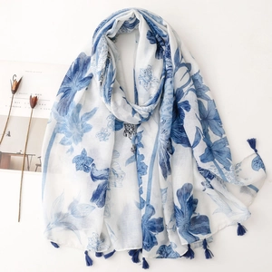 Long Scarf Shawl Polyester Voile Floral Print Tassel Trim Retro Chinese Style Lightweight Sun Protection For Women