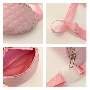 Detail shots showing quilted pink fabric, adjustable strap, zipper, and plastic buckle