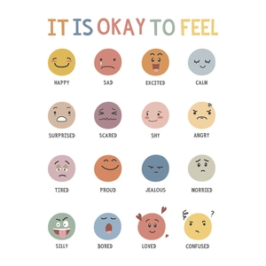 Educational wall sticker showing 16 colorful emotions icons with it is okay to feel text
