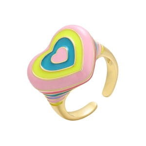 Colorful striped enamel heart open ring in gold finish with pink and blue detail