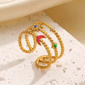 Celestial Open Ring Stainless Steel Gold Plated Multi Layer Sun Moon Star Colorful Enamel Vintage Boho Jewelry For Women
