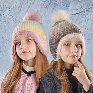 Winter Kids Knit Hat Ear Protection Thermal Beanie With Faux Fur Pom Pom For Boys Girls Outdoor Warm Acrylic Crochet Cap