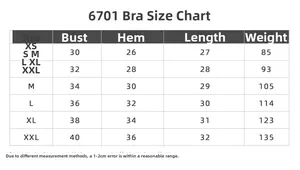 Tabella taglie reggiseno sportivo yoga con misure busto e lunghezza da XS a XXL