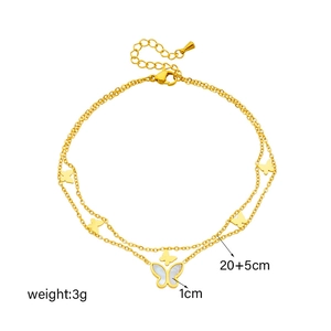 Golden double-layered butterfly anklet with white shell inlay pendant on white background