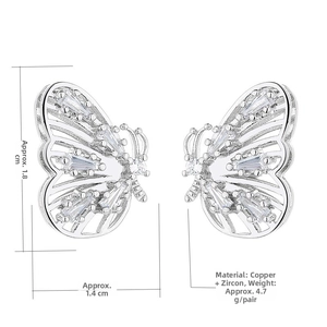 Macro view of butterfly earrings with hollow wings and zircon stones, 1.8cm height