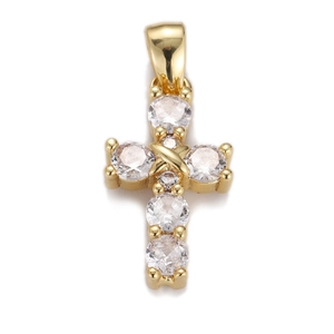 Gold plated hip hop cross pendant necklace with sparkling cubic zirconia on white background
