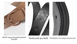 Detailed macro of gold-plated circular buckle and premium faux leather belt texture