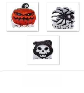 Vues détaillées de pinces à cheveux Halloween avec motifs citrouille, araignée et faucheuse