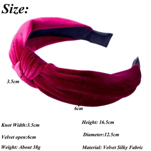 Detailed size specifications of the velvet knotted headband with dimensions and weight info