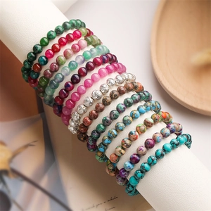 Natural Stone Beaded Bracelet Round Gemstone Agate Jasper Elastic Stretch Bohemian Vintage Jewelry For Women Men